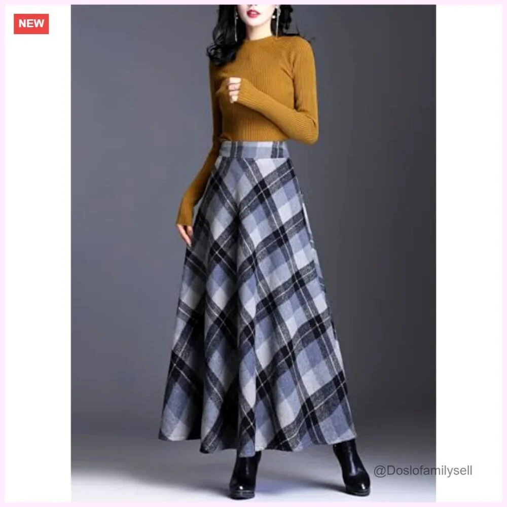 Wool Plaid Maxi Skirt High Waist A-Line with Pockets Winter Warm - Picture 2 of 4